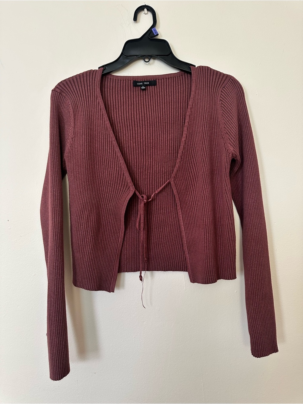 Love Tree Dusty Mauve Ribbed Tie-Front Cardigan